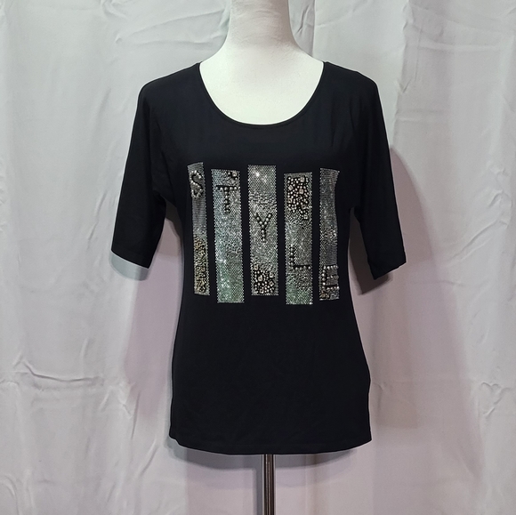Vecceli Italy Women's Black Bejeweled Graphic 3/4 Sleeve Top Size Small - Picture 1 of 7